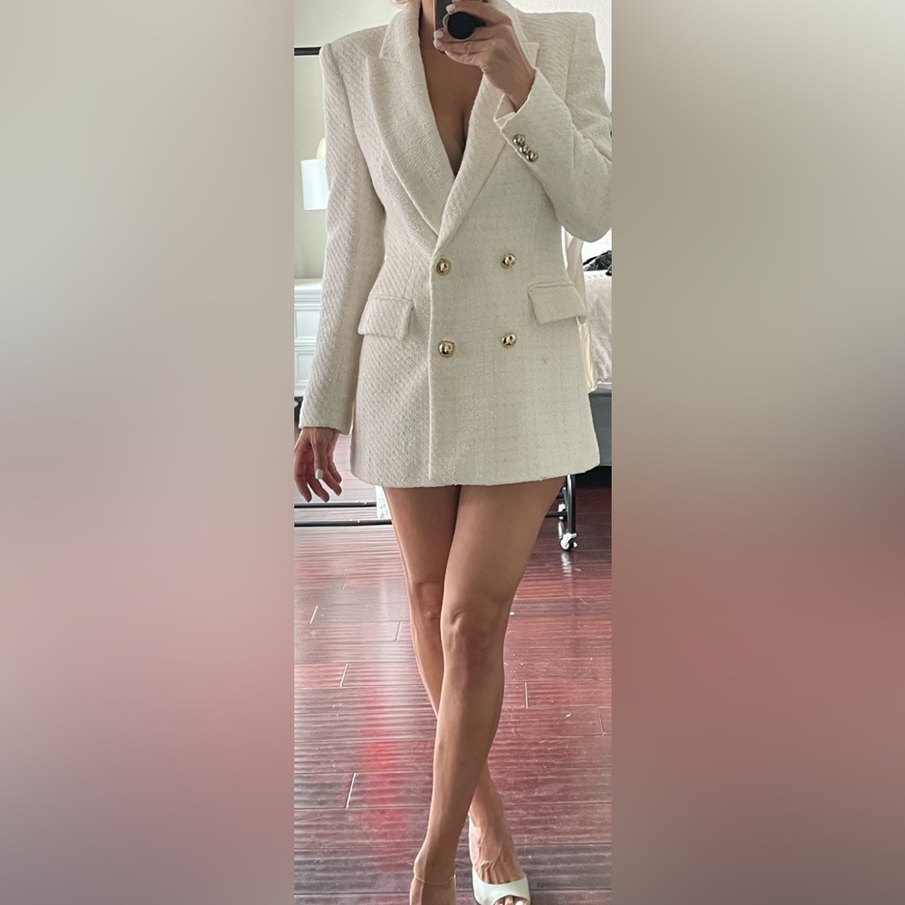 Stylish Cream tweed Zara Blazer Dress with Gold Buttons